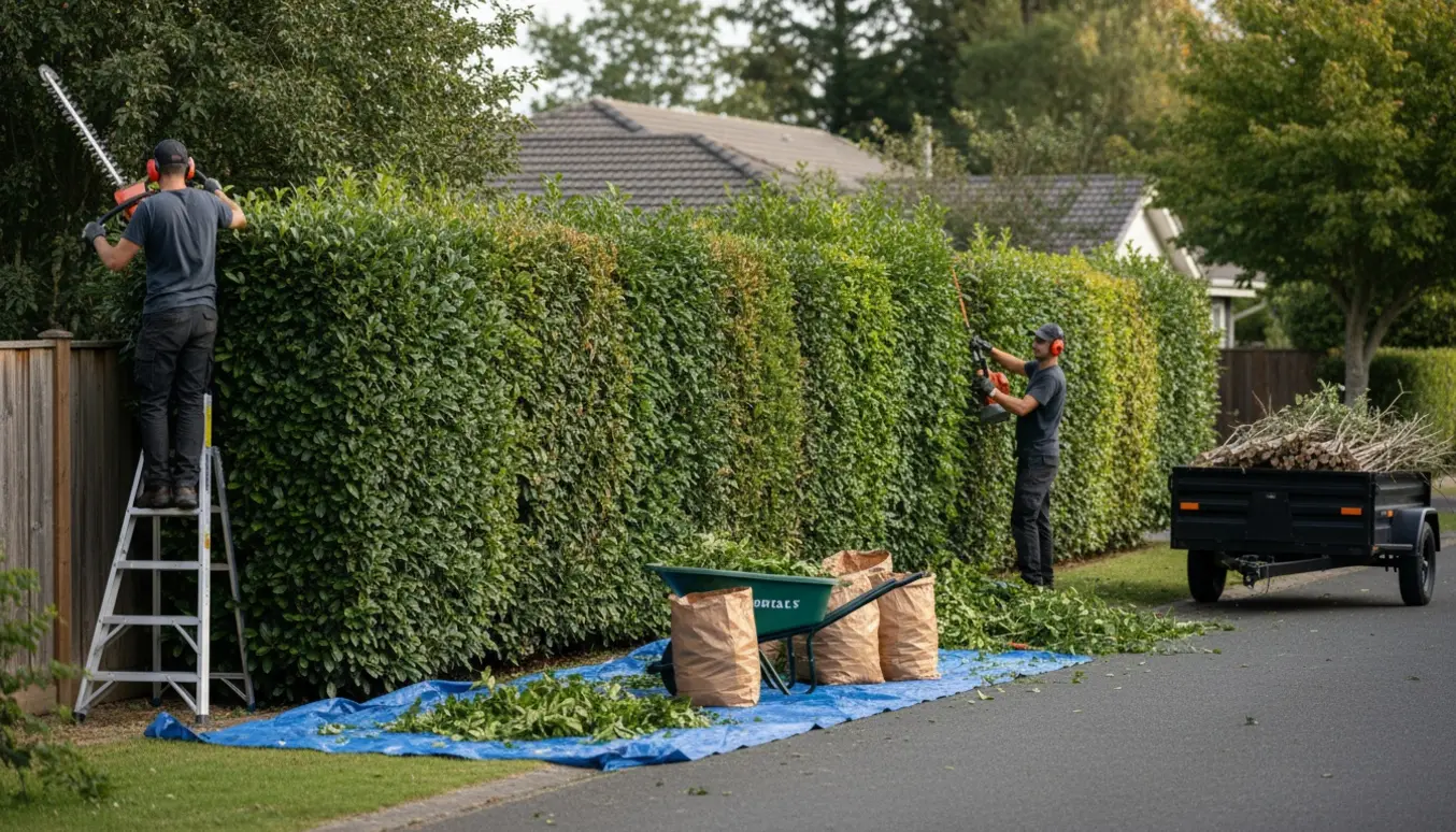 Lang hæk ved en villavej klippes i toppen og ud mod vejen med hækkeklipper og samlet grønt affald til bortskaffelse.