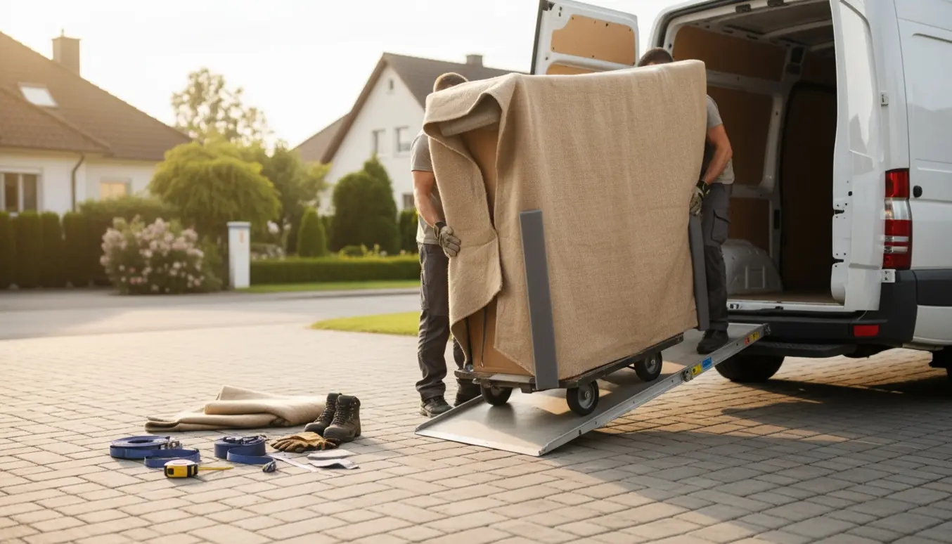 To personer læsser en stor hjørnegarderobe ind i en varevogn på en lys indkørsel, med flyttetæpper og dolly.