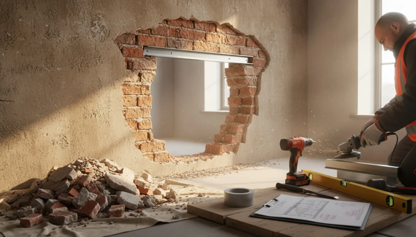 Håndværkere udvider et eksisterende nødudgangs-åbning i en væg med værktøj og synligt stålbjælke.
