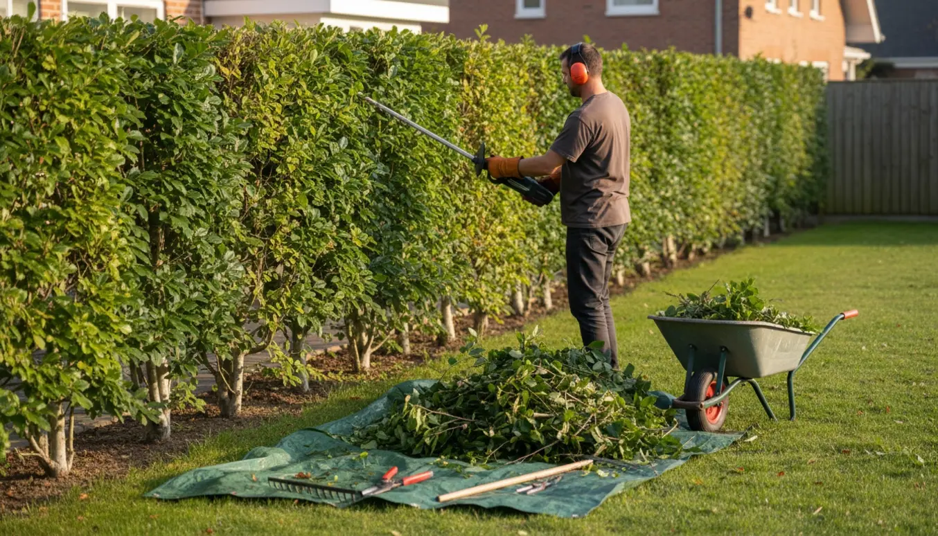Person træder bagfra og klipper en lang bøgehæk med klippeaffald samlet i en trillebør.