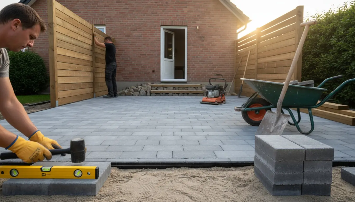 Nyanlagt fliseterrasse med arbejdstøj, trapper til hævet havedør og læhegn under montering.