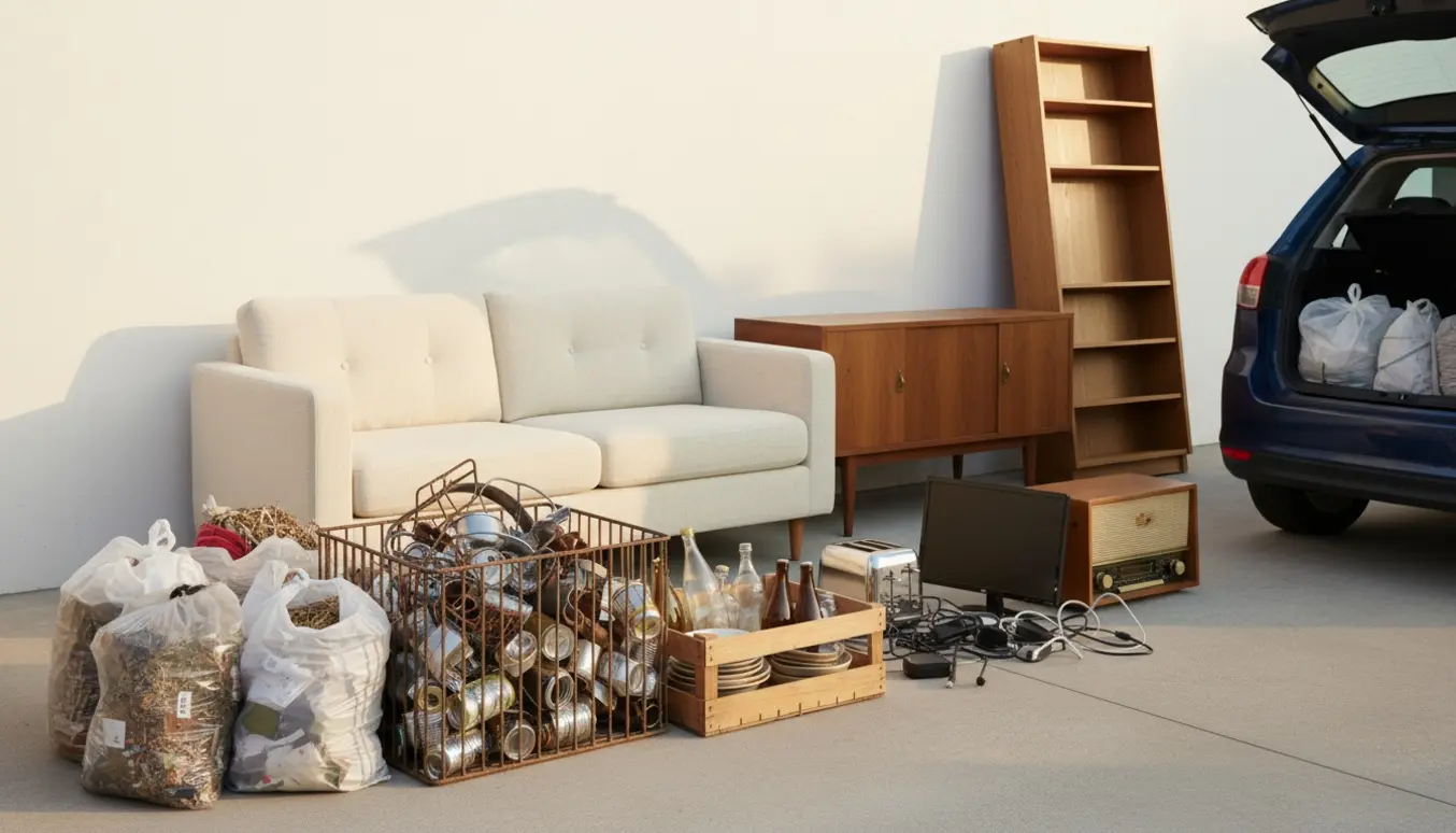 Sække og kasser med sorteret affald samt sofa, skænk og reol klar til aflevering på genbrugspladsen.