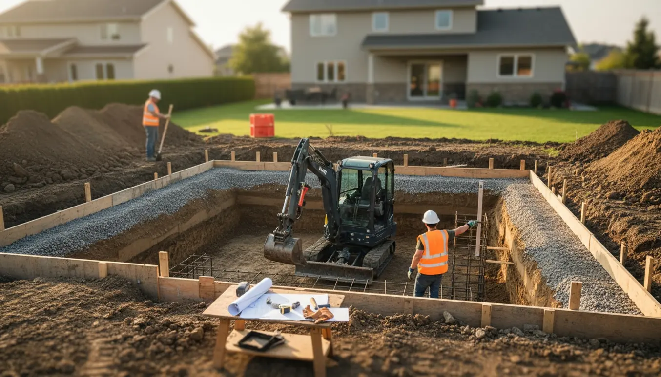 Gravemaskine og håndværkere forbereder udgravning til kælder med jordbunker, armering og formwork.
