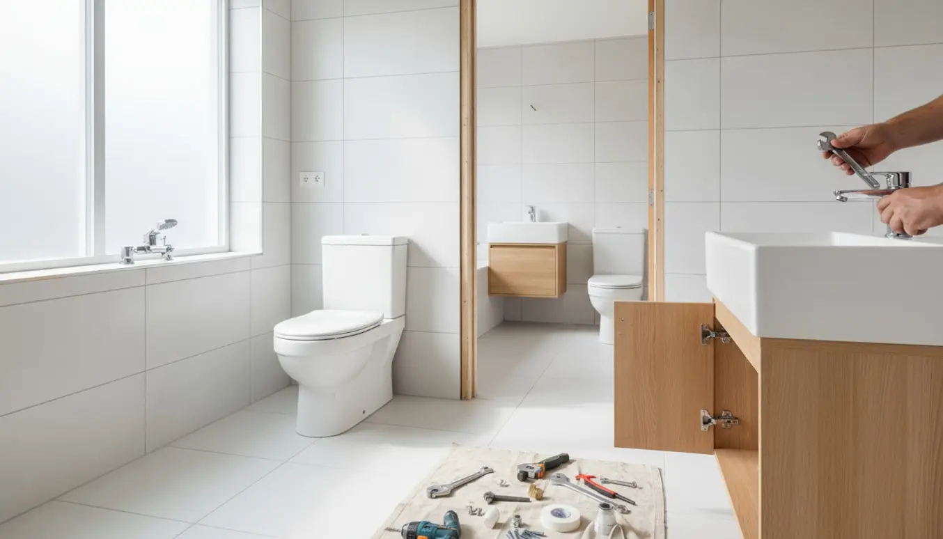 To badeværelser under renovering med nye toiletter, håndvaske, armaturer og værktøj, hvor en hånd monterer en kromarmatur.