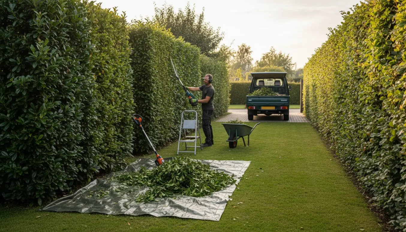 Gartner trimmer en lang liguster- og bøgehæk ved 2 meters højde med bunker af afklip og en varebil klar til bortkørsel.