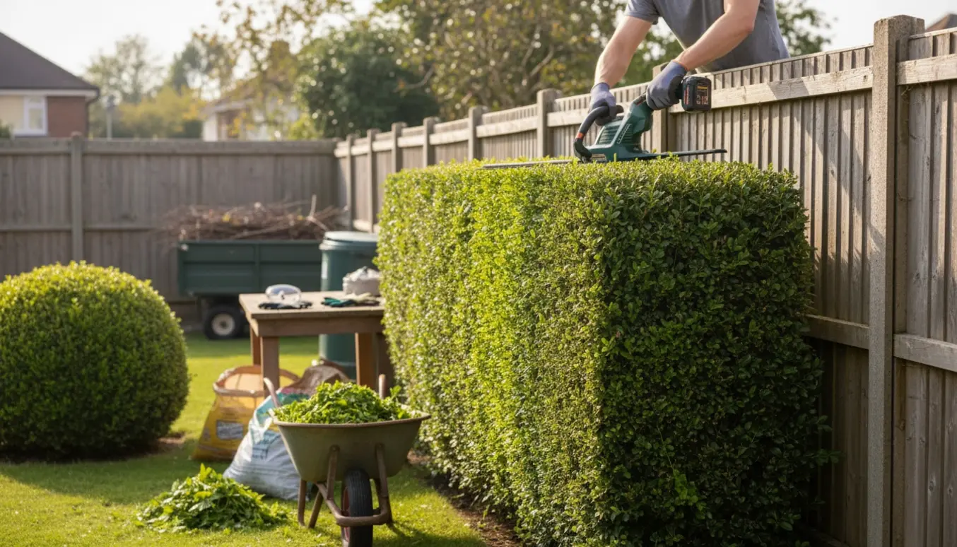 Elektrisk hækkeklipper og trillebør med afklip foran en nyklippet ligusterhæk.