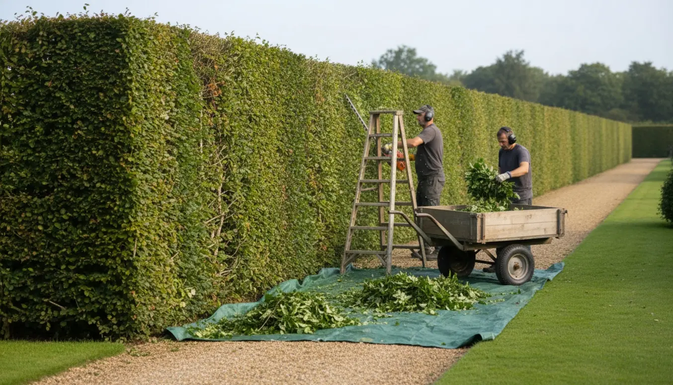 Nyklippet lang bøgehæk med hækklipper, stige og trillebør fyldt med afklip på en solrig dag.