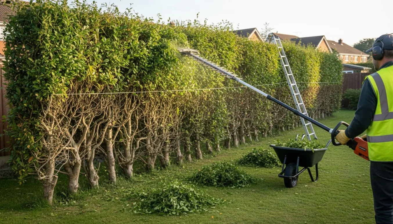 Lang 12 meter ligusterhæk under kraftig beskæring med friske afklip på græsset og en håndværker uden synligt ansigt, der bruger en langtliggende hækkeklipper.