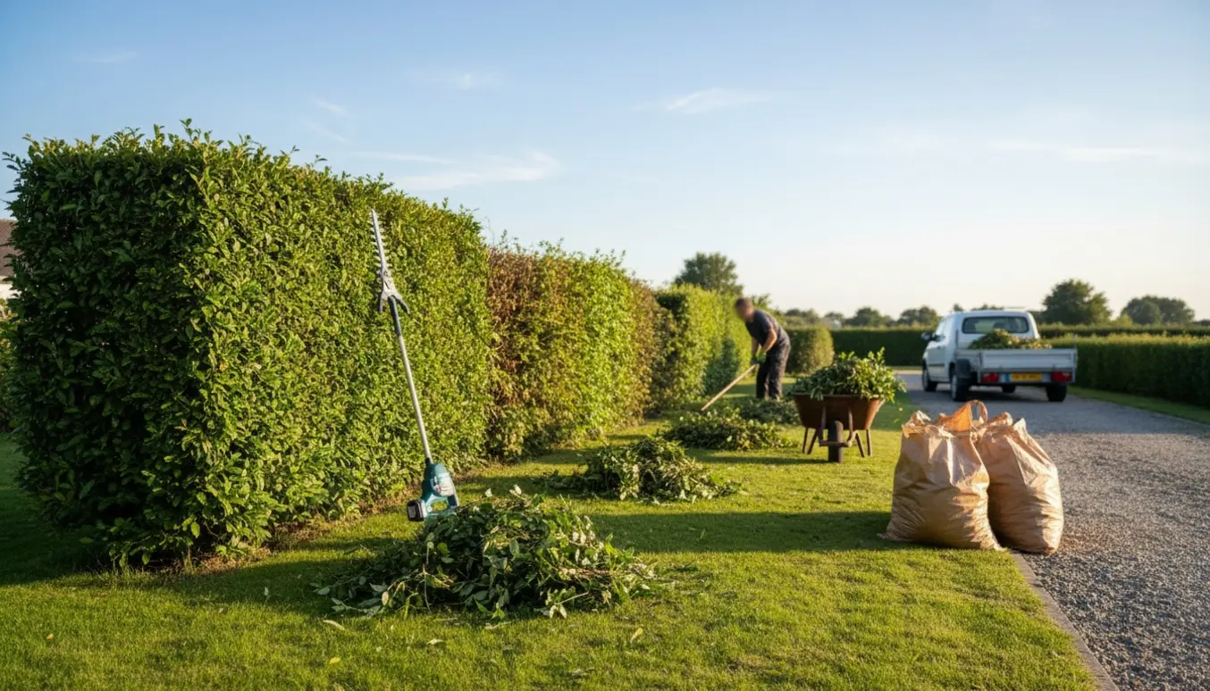 Lang hæk bliver klippet og afklip samlet i en have med trillebør og affaldssække.