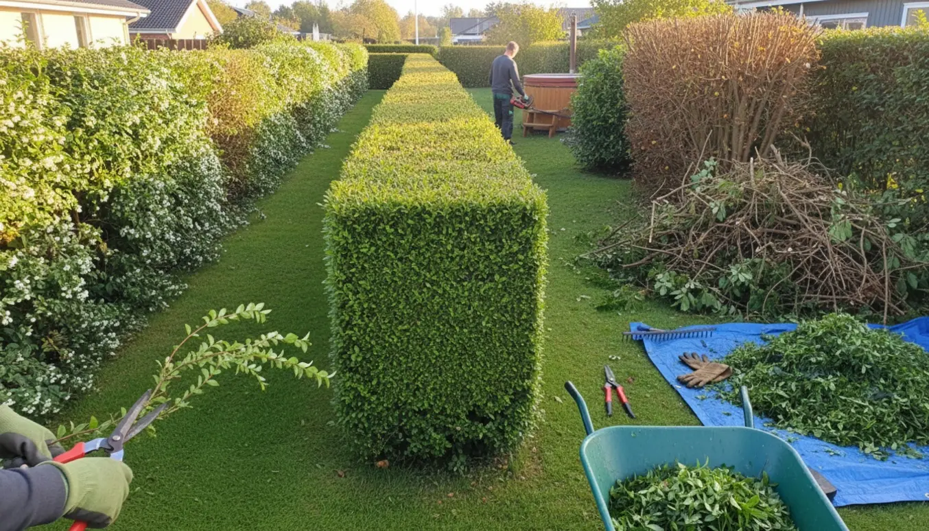 Hæk af liguster og snebær klippes i en have, med afklip samlet i en bunke ved en spa-tønde.