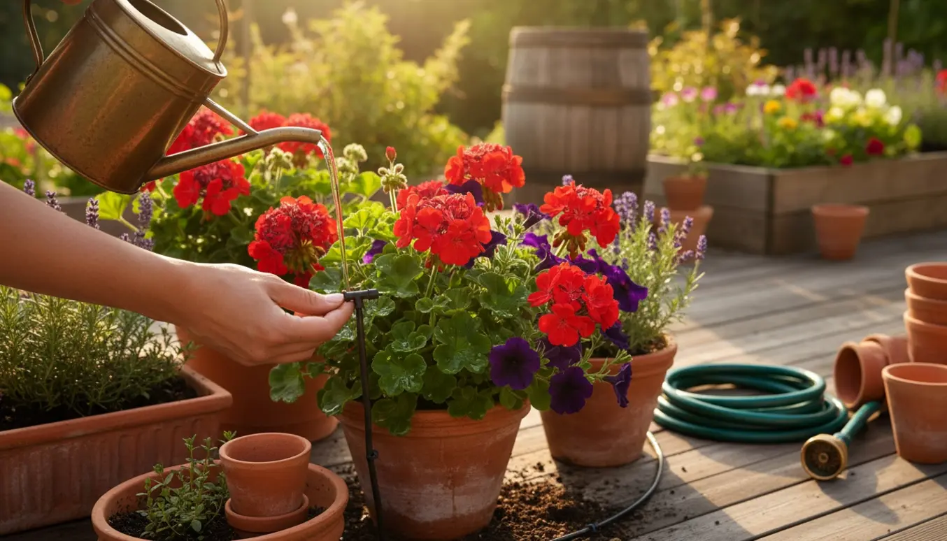 Hænder vander krukker og tjekker drypvandingsslanger på en solrig sommerterrasse.