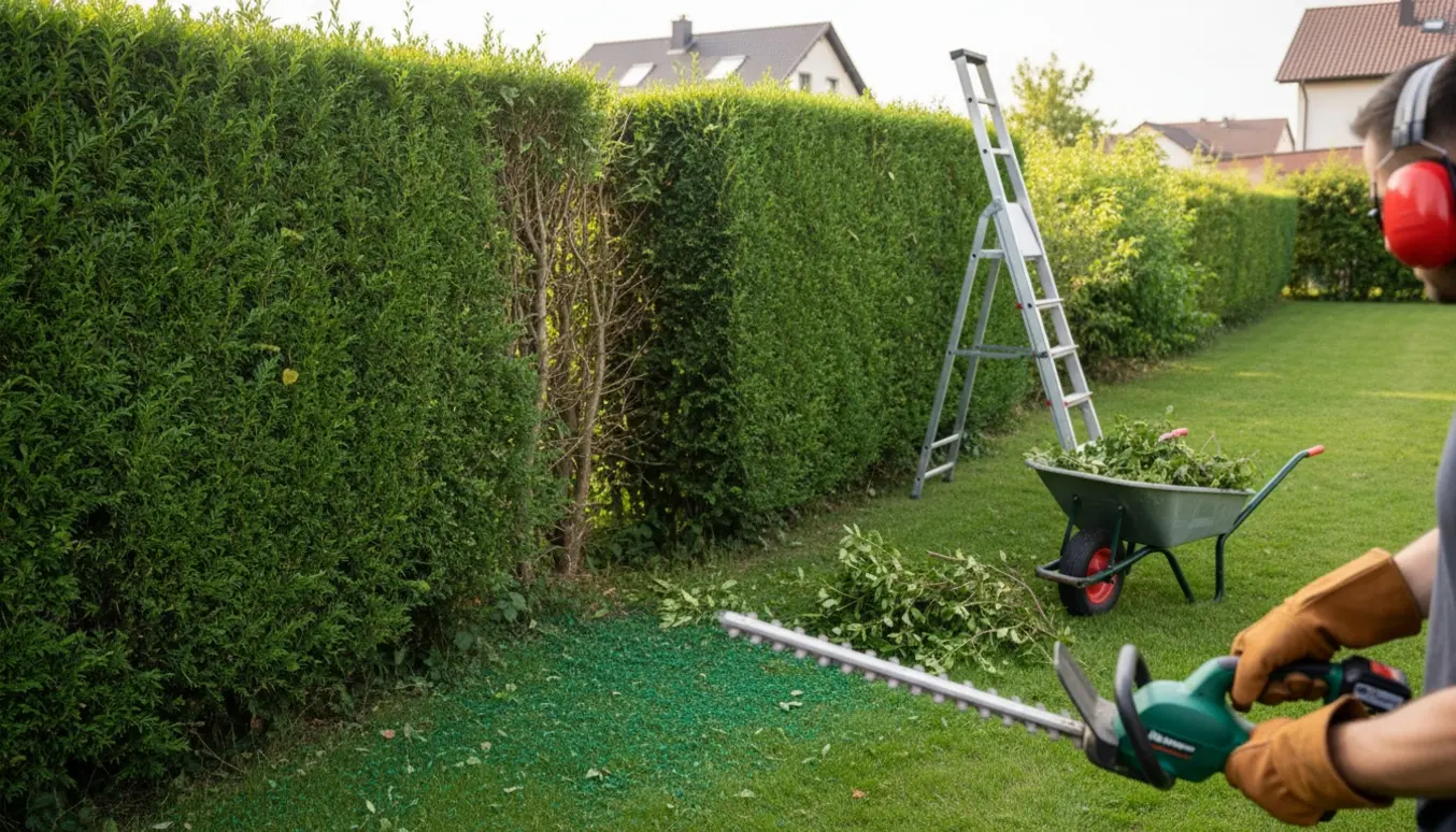 En person trimmer en lang hæk med elektrisk hækkeklipper, vist i forskellige klippede sektioner og en side fortyndet.