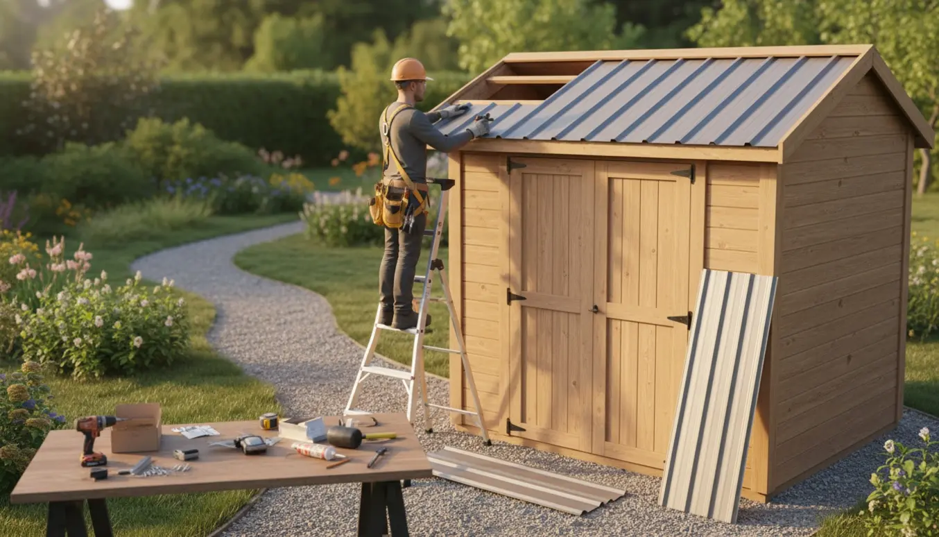 Halvfærdigt redskabsskur med dobbeltdør, hvor de sidste tagplader monteres i en solrig baghave.