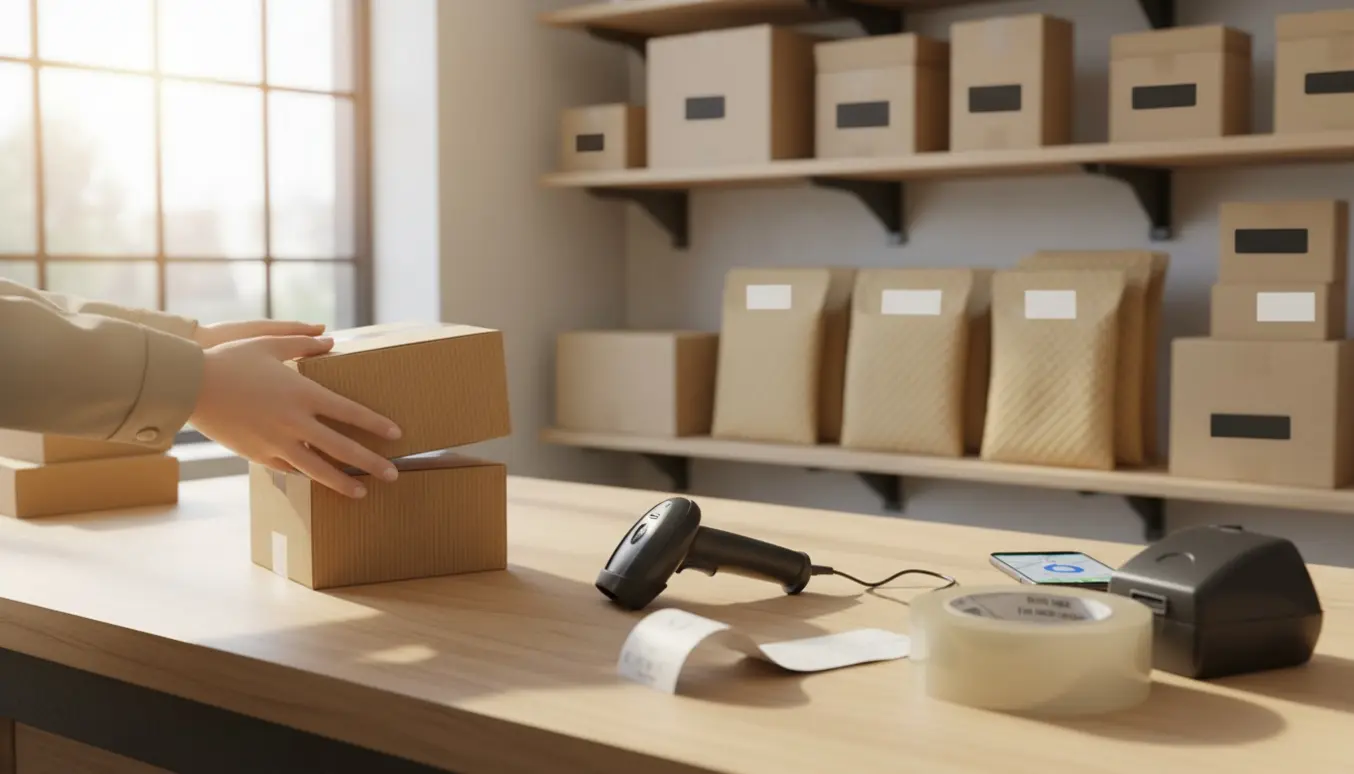 Hænder løfter to små papkasser fra et afhentningsskranke i en butik med pakkehylle og stregkodeskanner i baggrunden.