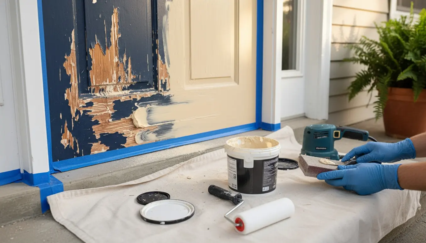 Uderdør med dybe ridser under reparation med slibeværktøj, spartel og malerudstyr.