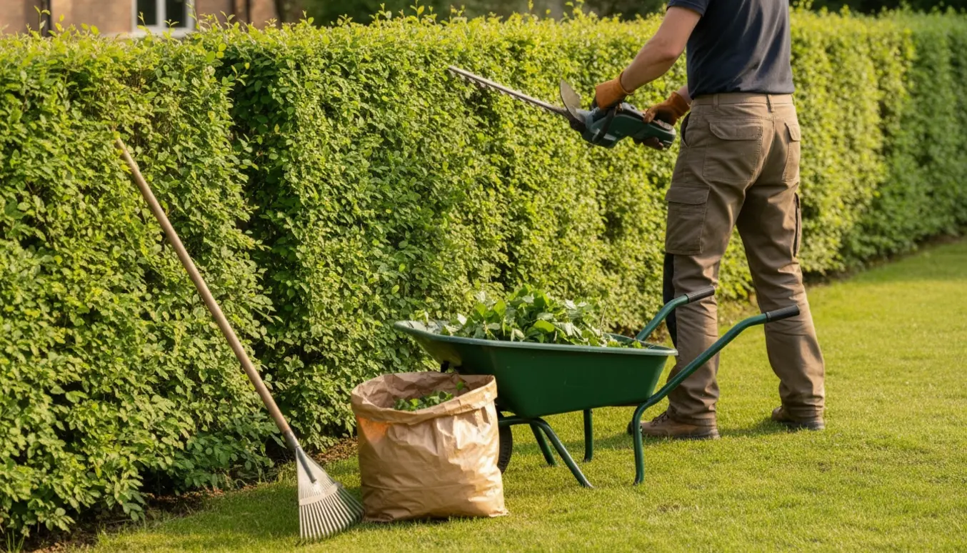 En bagfra set havearbejder klipper en tæt bøgehæk, og afklip samles i en trillebør.