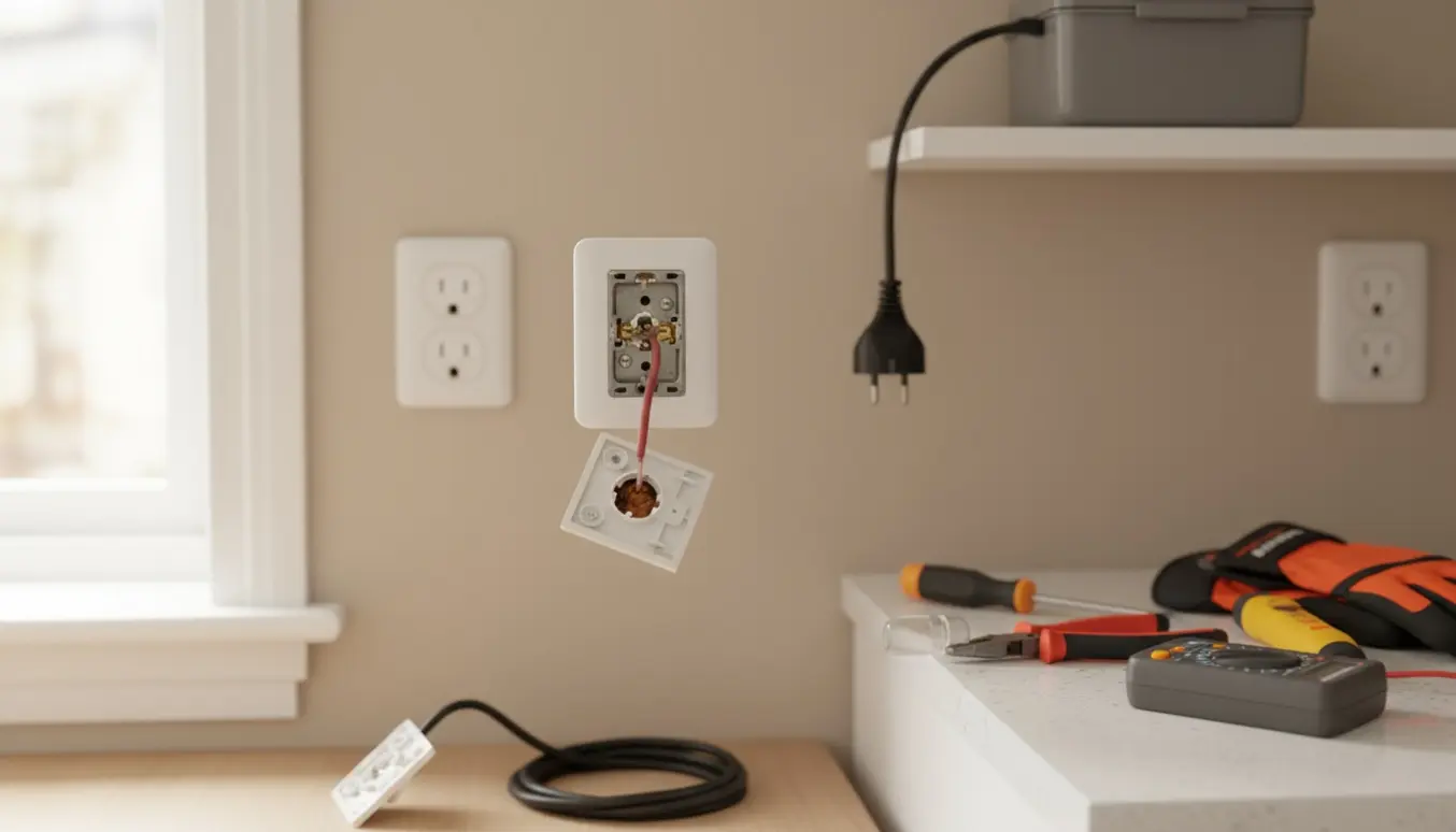 Åbnet stikkontakt bag køleskabet med blottede ledninger og værktøj klar til eftersyn.