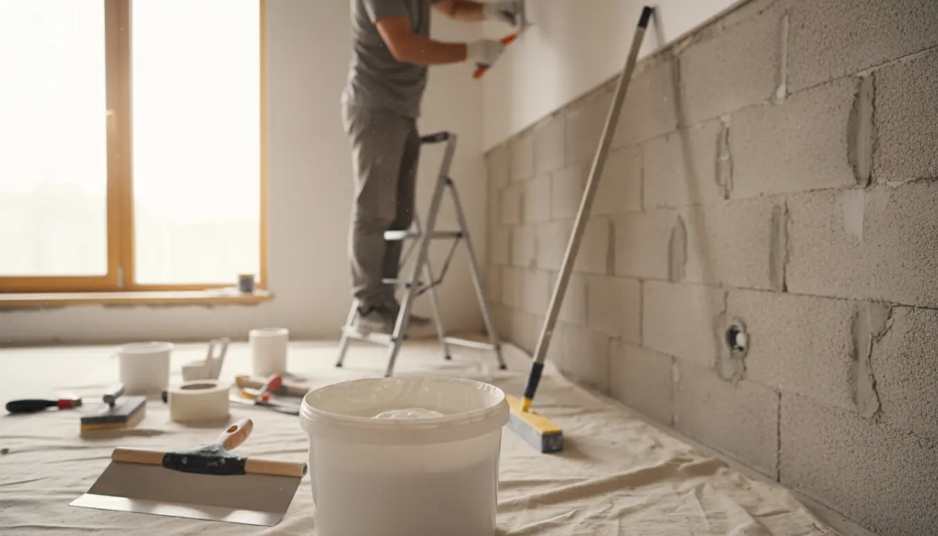 Nærbillede af spartling og slibning af gipsloft og gasbetonvæg med håndværkerens hænder og værktøj i dagslys.