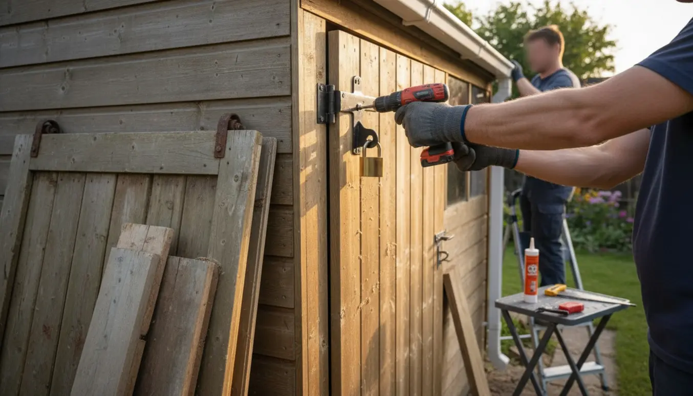 Hænder monterer en ny hængslet skurdør og fastgør et nedløbsrør på et træskur, mens den gamle skydedør og værktøj ligger ved siden af.