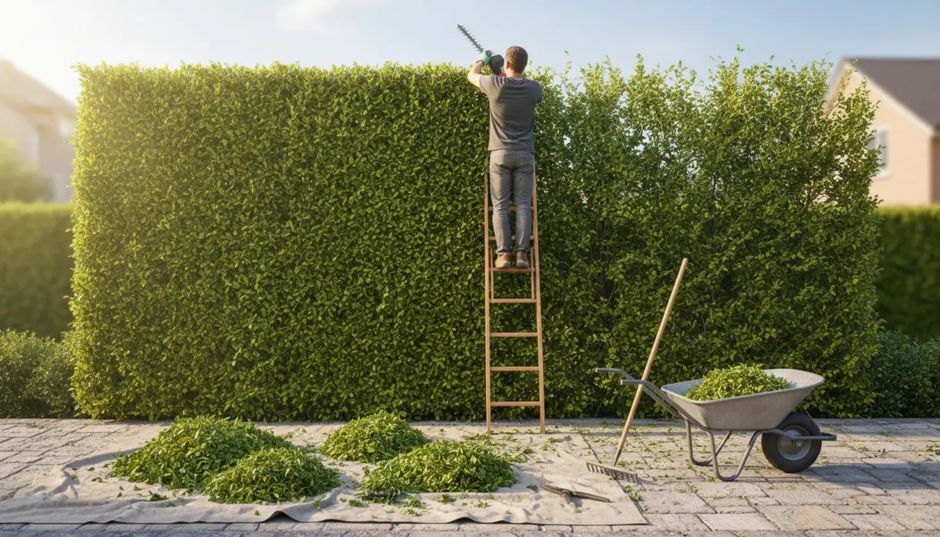 Nyklippet hæk set bagfra med stige, hækkeklipper og bunker af afklip på en presenning.