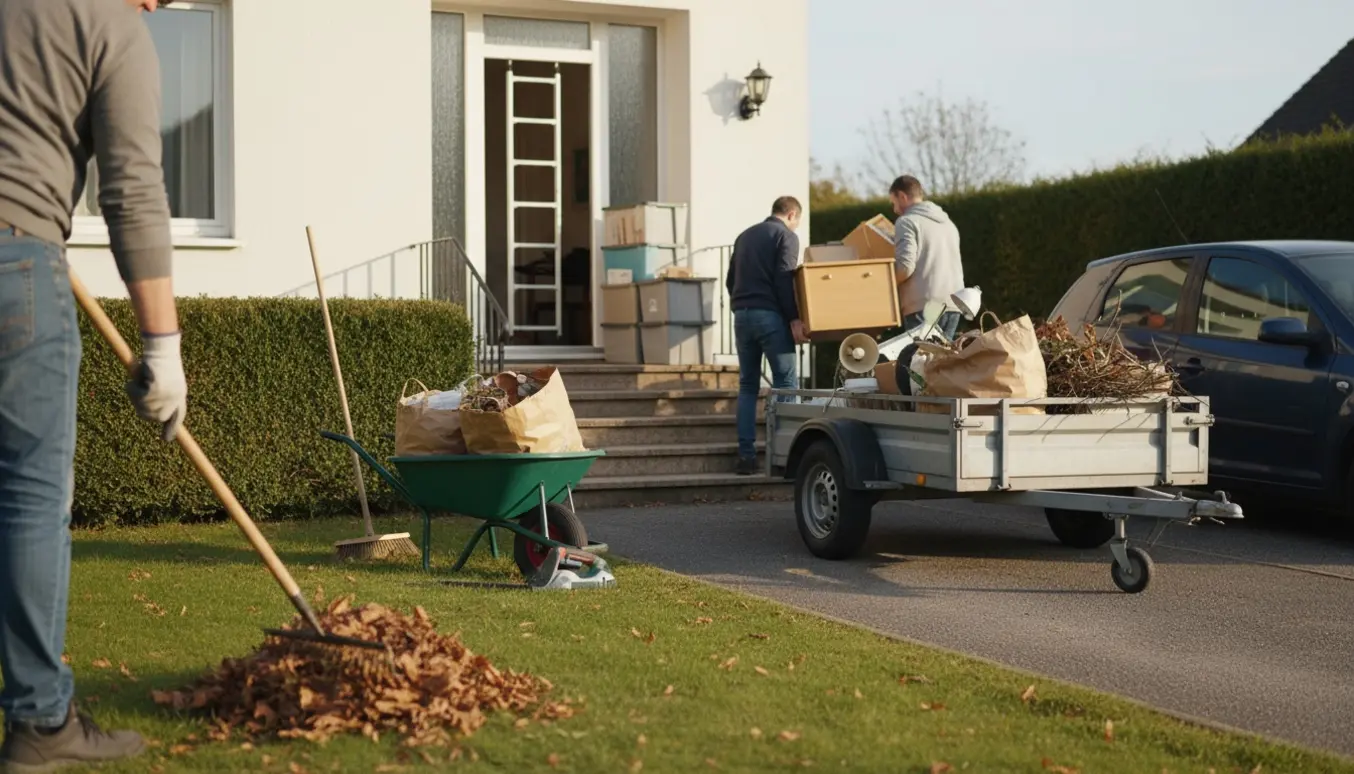 Havearbejde og flytning ved indkørsel med hækklipning, feje blade og møbler læsses i bil med trailer.