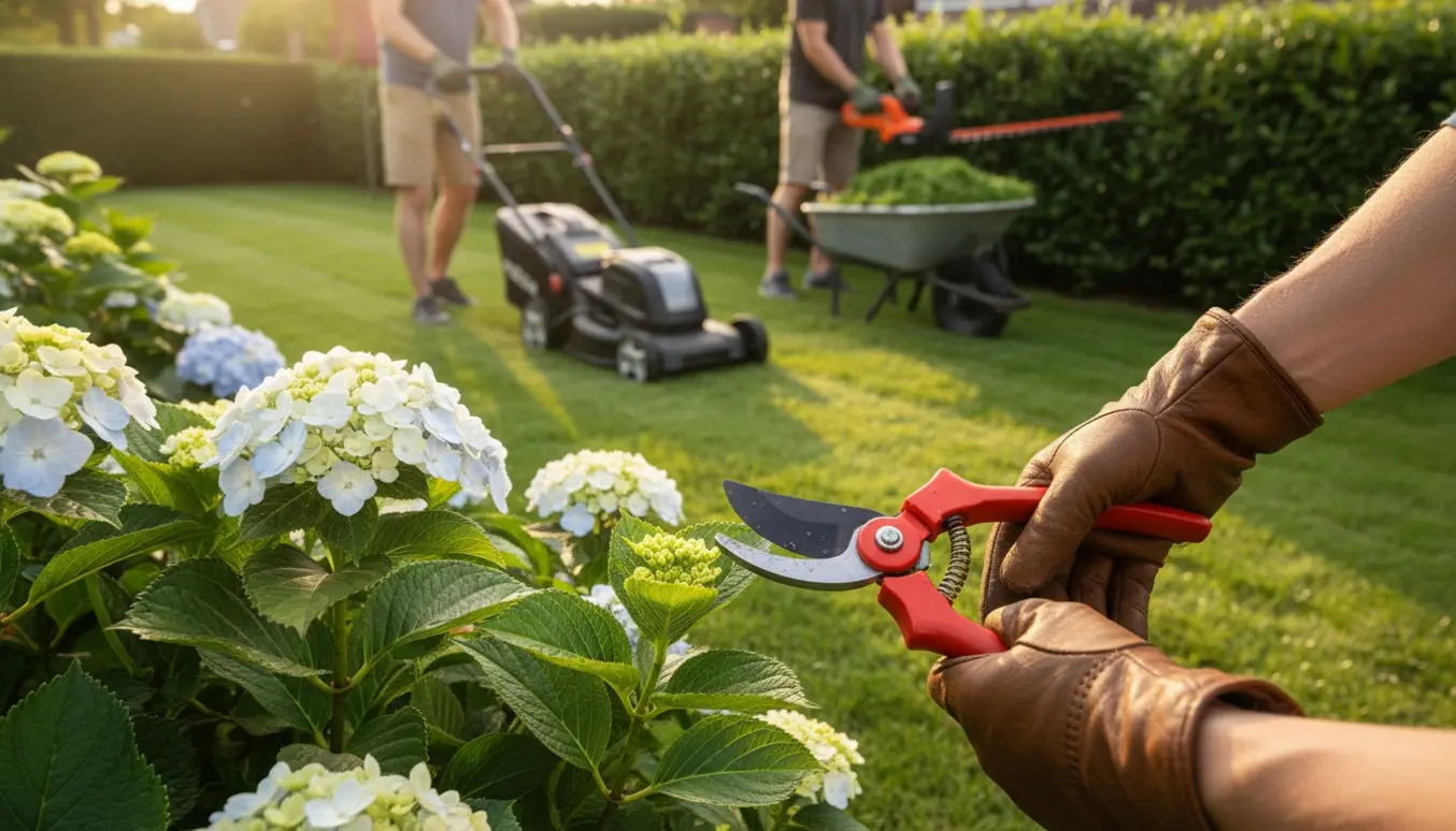 Beskæring og græsslåning i en velplejet have med hækkeklipper og græsklipper.