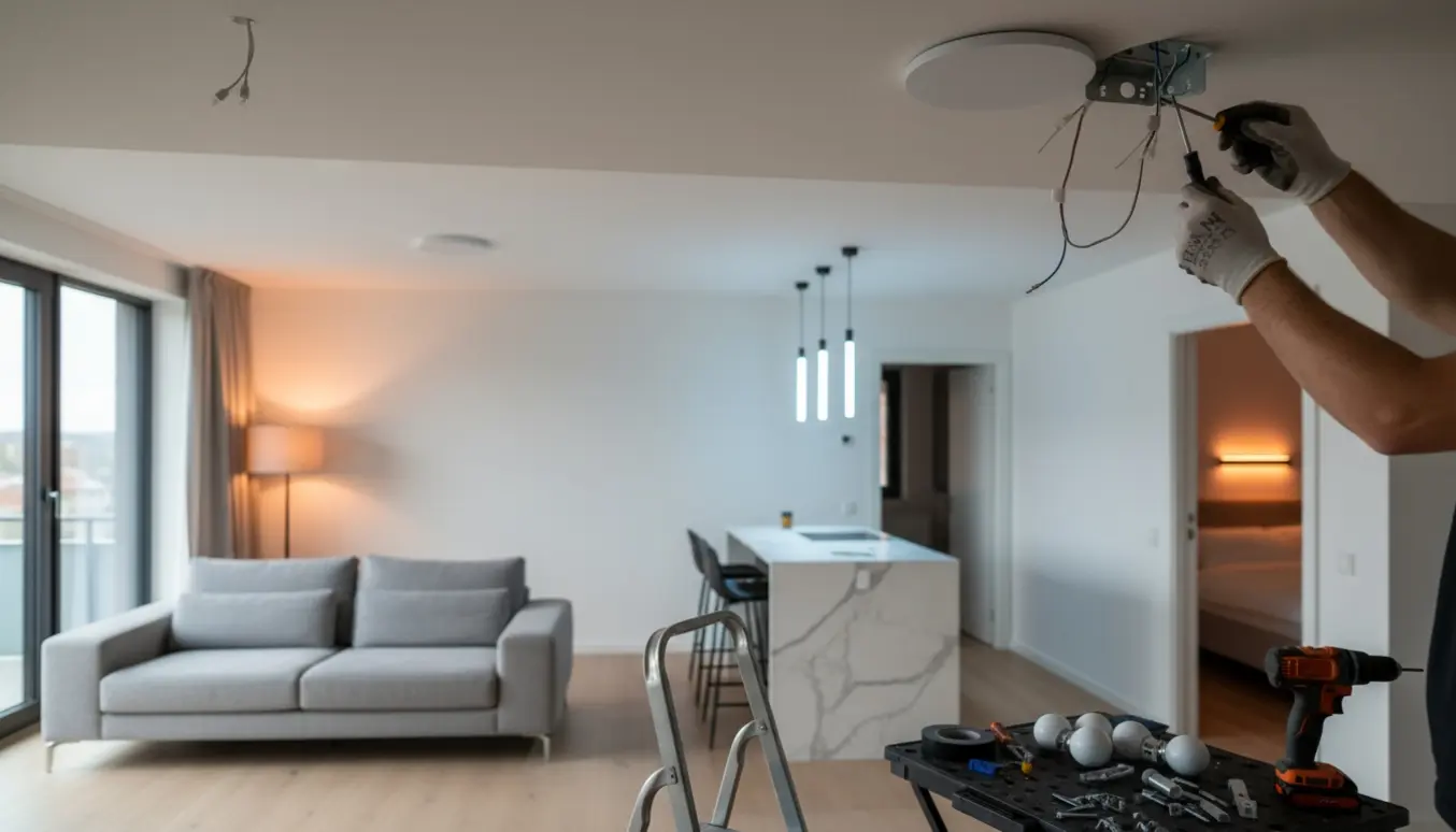Hænder installerer en loftslampe i en moderne lejlighed med synligt stue-, køkken- og soveværelsesområde.
