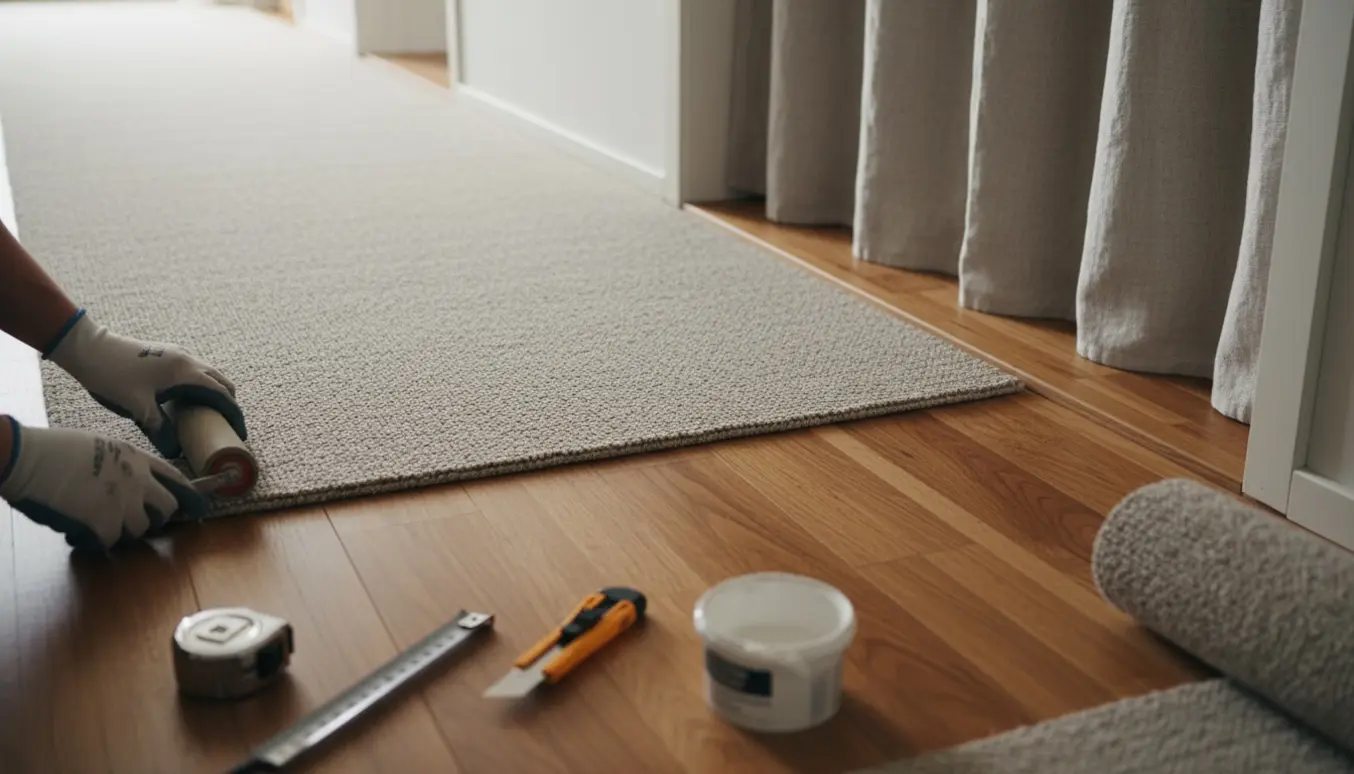 Tæppe lagt i en smal entré med synlig samling og et indhak bag et hvidt forhæng.