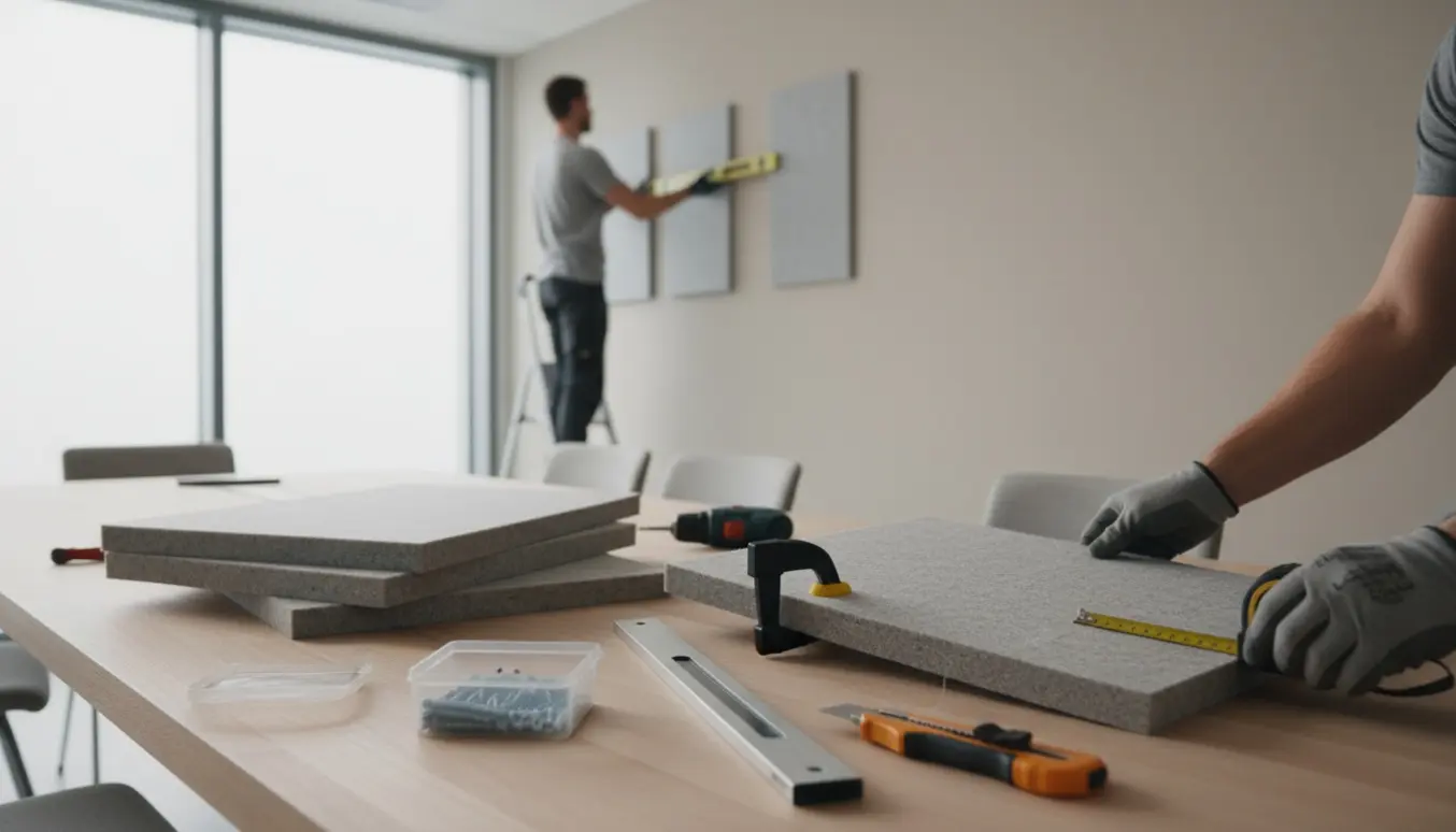 Hænder tilskærer og monterer lyddæmpende akustikpaneler i et lyst mødelokale med værktøj og skruer på et arbejdsbord.