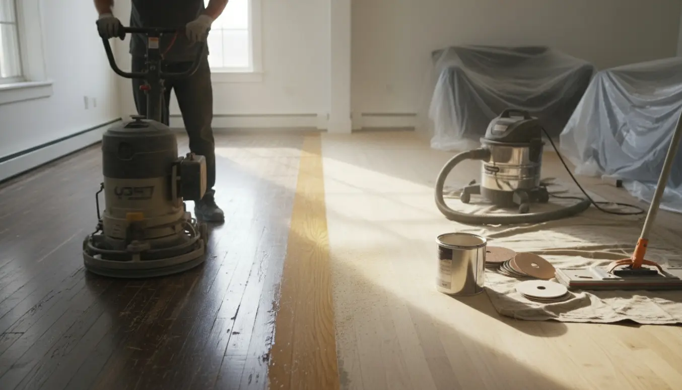 En gulvsliber sliber og vokser et trægulv i en lys lejlighed med tydelig før-og-efter-virkning.