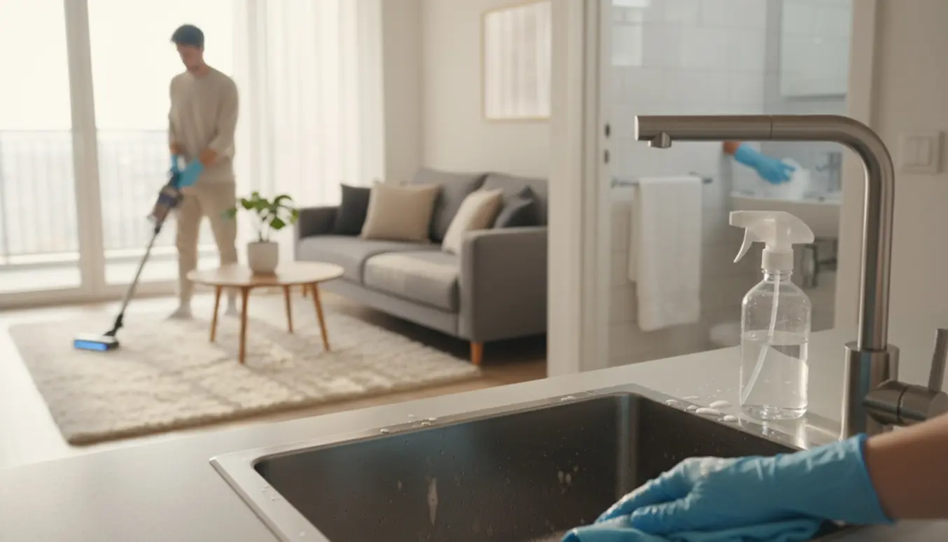 Rengøring i køkken, stue og badeværelse med handsker, klud og støvsuger i et lyst hjem.