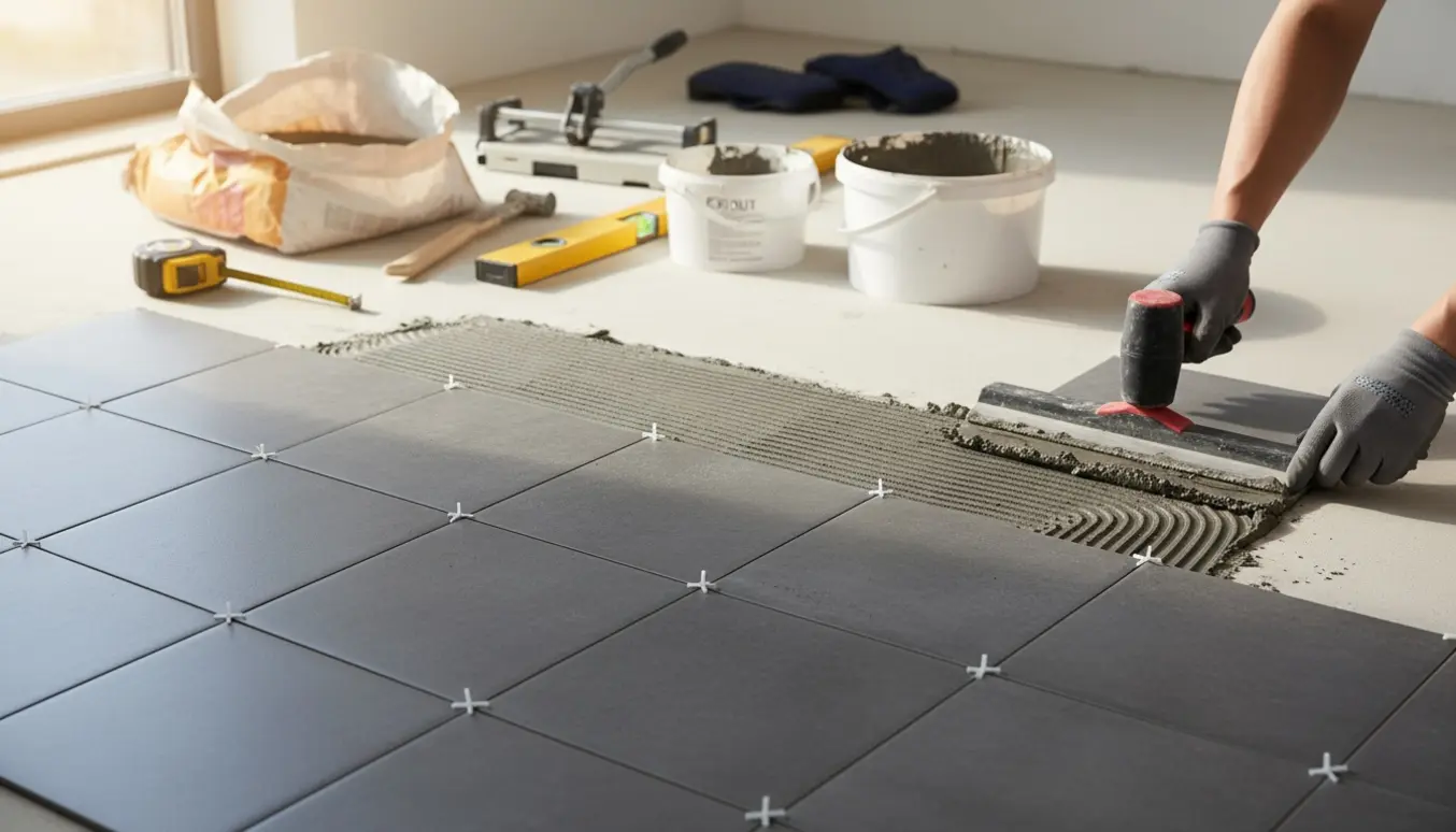 Delvist lagt koksgråt klinkegulv med hænder, fliseklæb, fuge og værktøj i et lyst rum.
