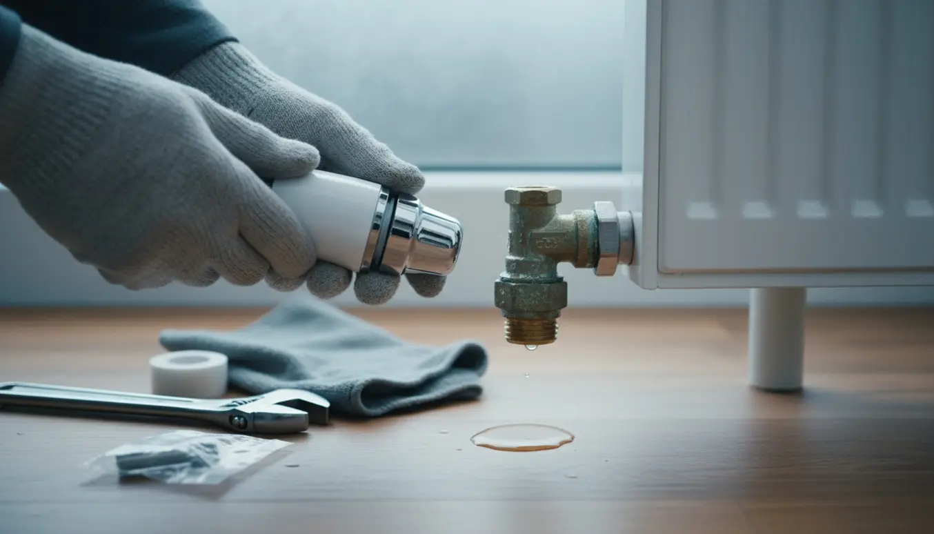 Nærbillede af udskiftning af en utæt, korroderet radiatorventil med nye reservedele og værktøj.