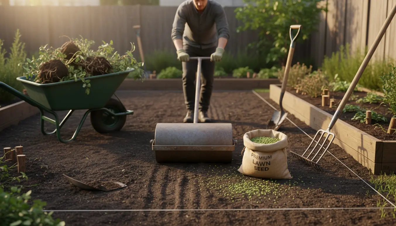 Baggård under omlægning fra urtehave til græsplæne med tromle, rive og spredt frø.