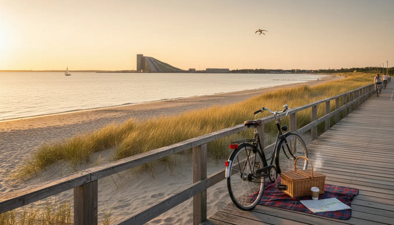 Amager Strandpark ved solnedgang med cykel, picnictæppe og CopenHill i baggrunden.