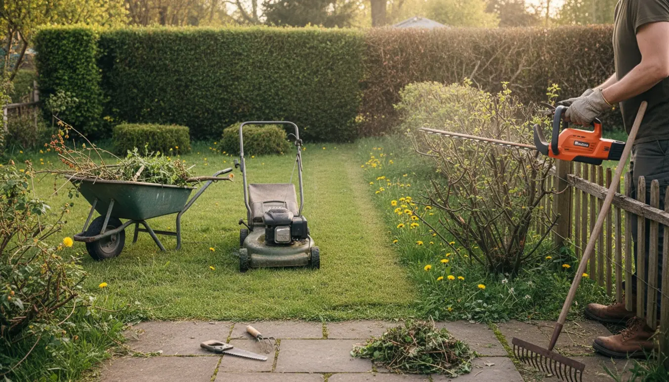 Forsømte lille have med nyligt klippet hæk, græsslåning, ukrudt og haveredskaber klar til oprydning.