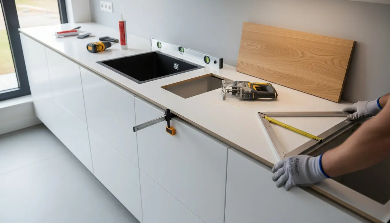 Håndværker måler og monterer en hvid højglansbordplade med planlimet sort vask i et parallelkøkken.