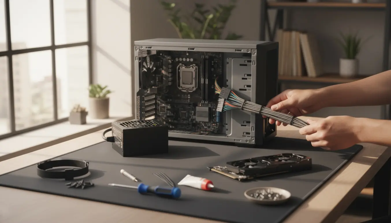 Åben pc-kabinet på arbejdsbord med hænder, der forsøger at tilslutte PSU-kabler.