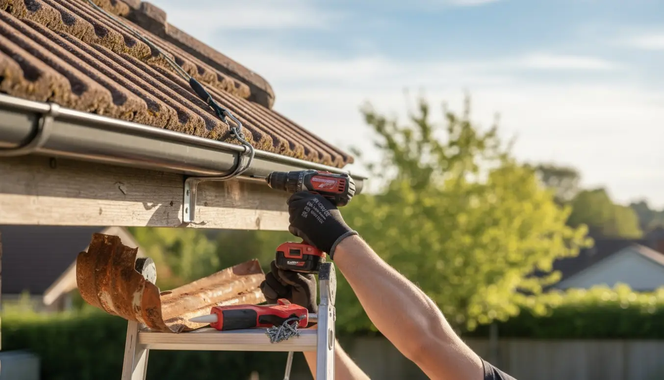 Hænder monterer en ny tagrende på husets tagkant med værktøj og en gammel rusten rende i baggrunden.