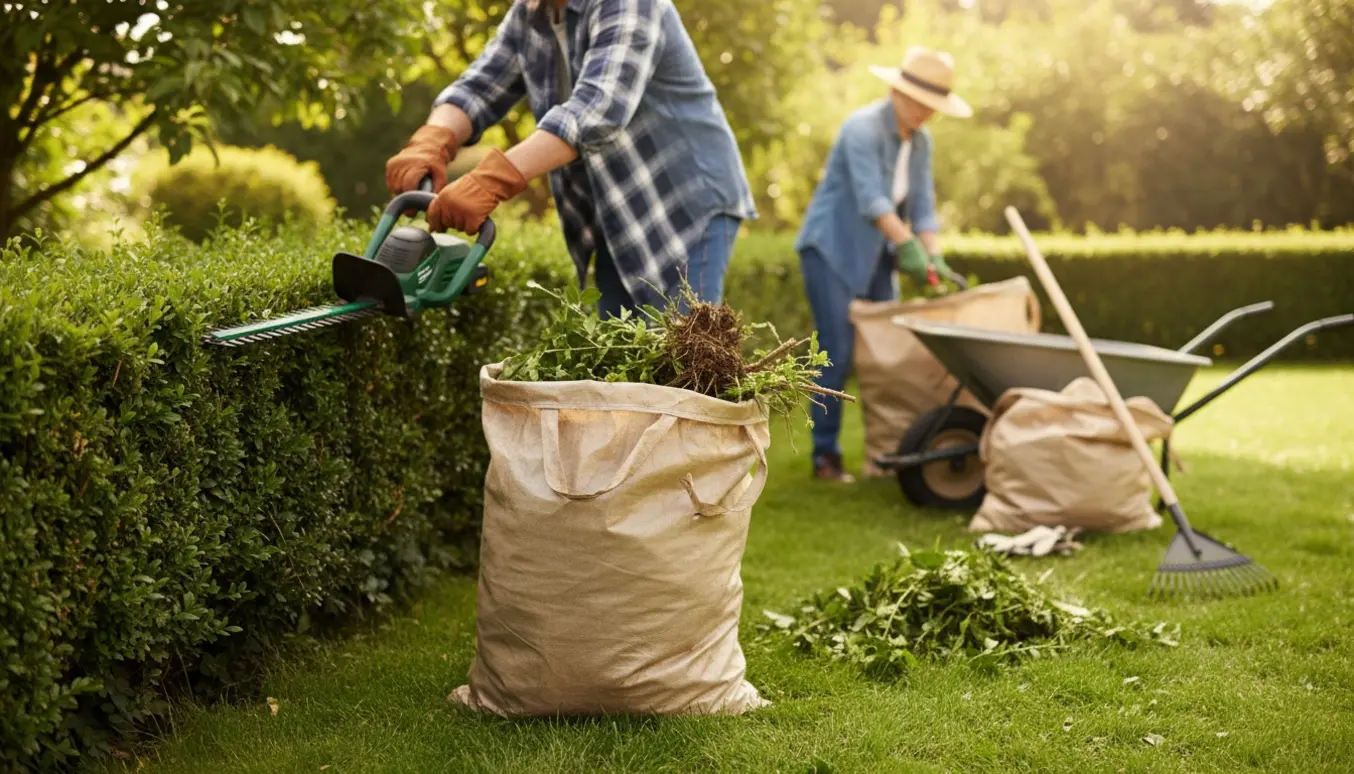 En haveejer klipper hæk og samler hækafklip og ukrudt i sække i en solbeskinnet forhave.