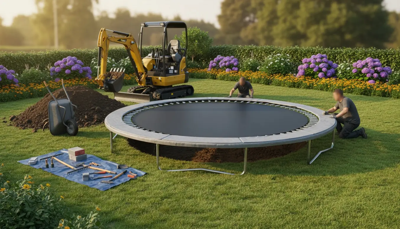 Nedgravet trampolin sættes op i en baghave med minigraver, værktøj og jord omkring hullet.