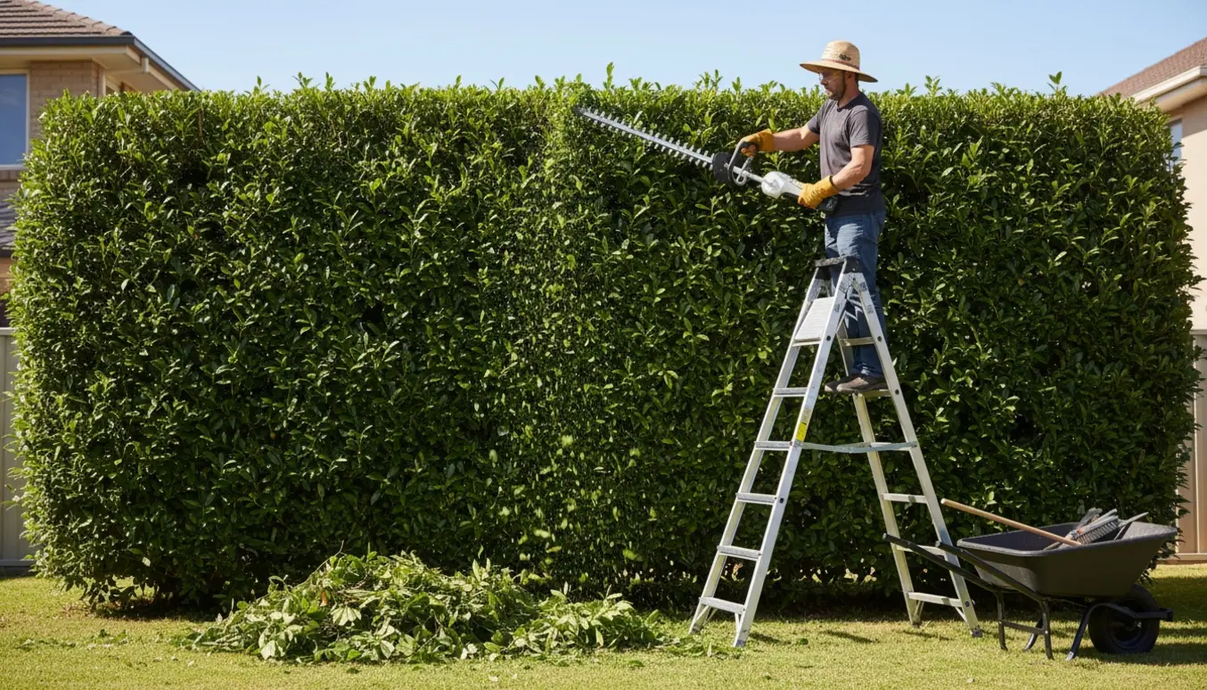 Person fra ryggen klipper en tre meter høj hæk med en langhækkeklipper i en solbelyst have.