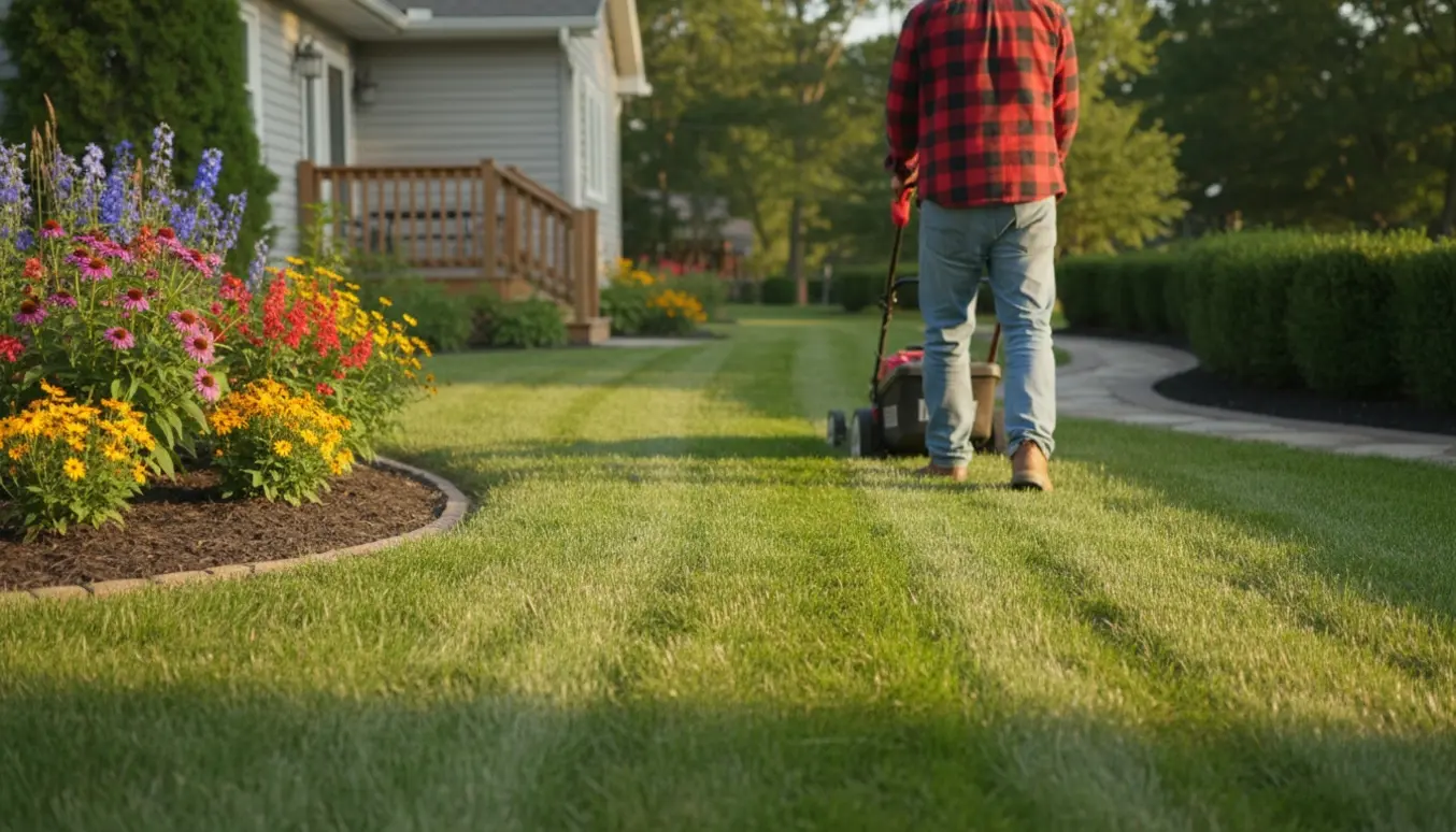En person slår græsset omkring et parcelhus med en plæneklipper og velplejede rabatter.