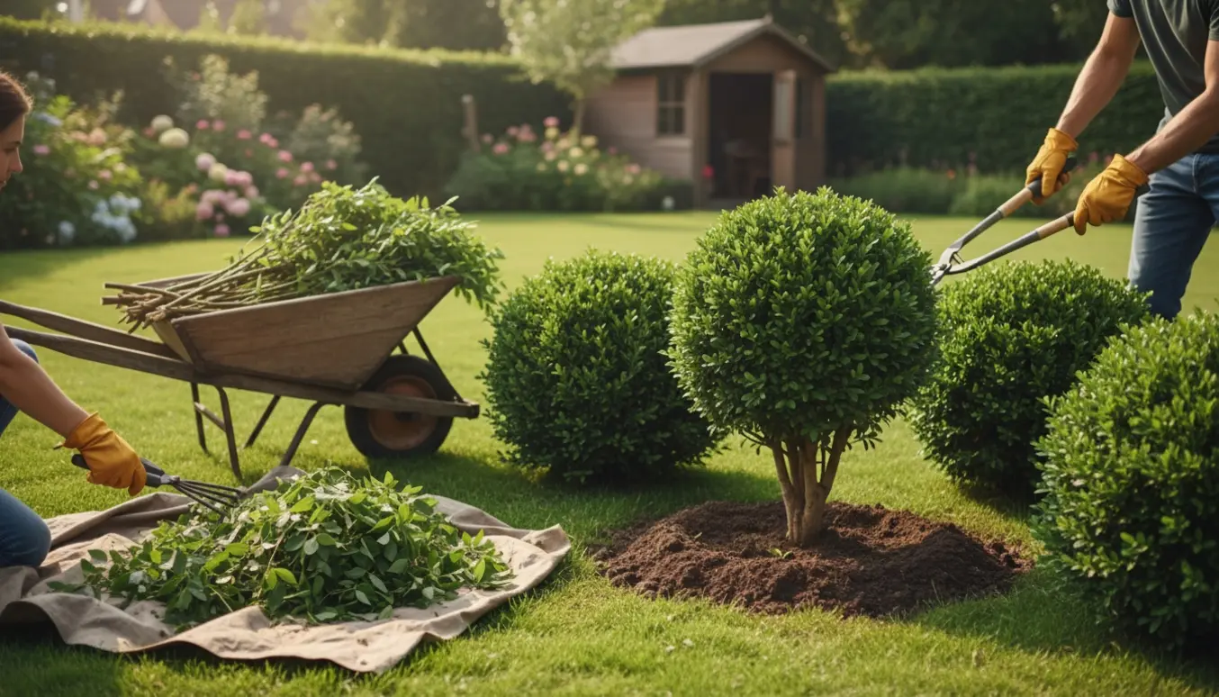 Hands-on beskæring af runde buske i en have, med jord fordelt og grenaffald i trillebør klar til bortkørsel.