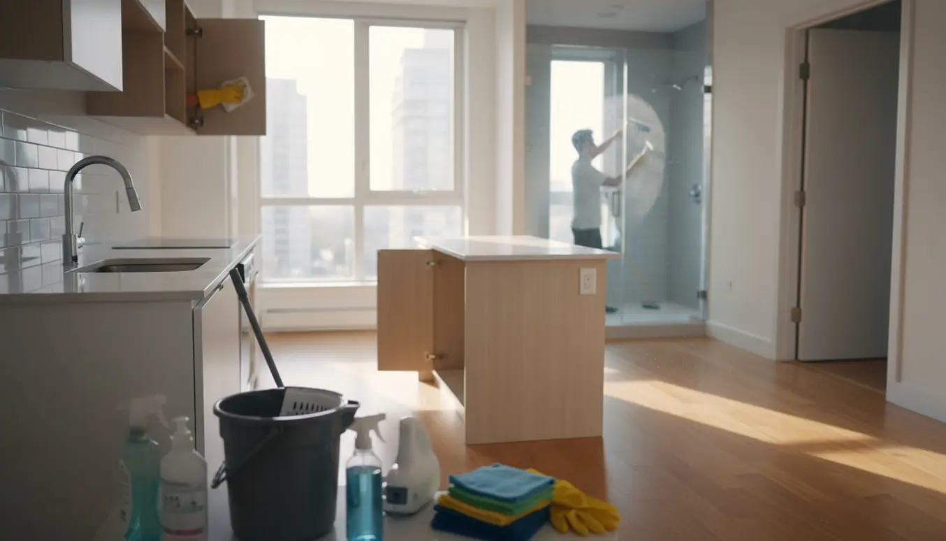 Tom nyvasket lejlighed med rengøringsudstyr og åbne skabe i blødt naturligt lys.