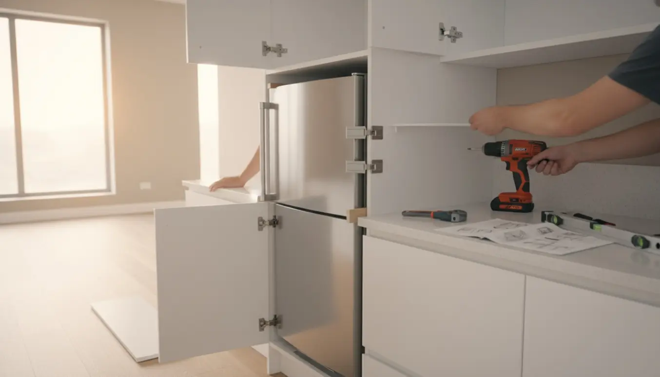 Indbygget køleskab skubbes ind i et samlet Ikea-skab, mens hænder monterer låger og sokkel.