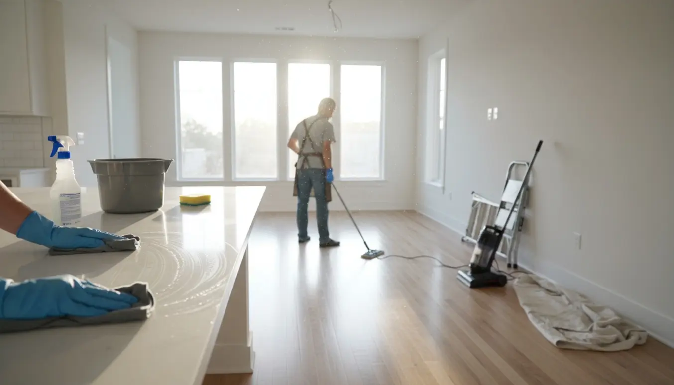 Hænder i handsker tørrer en bordplade i en lys, nymalet stue efter renovering.