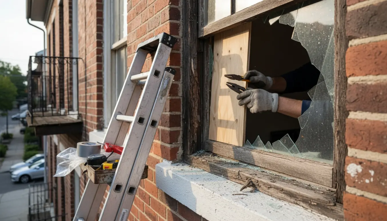 Hænder på stige ved at midlertidigt lappe et ødelagt trævindue på 2. sal med krydsfiner og værktøj.