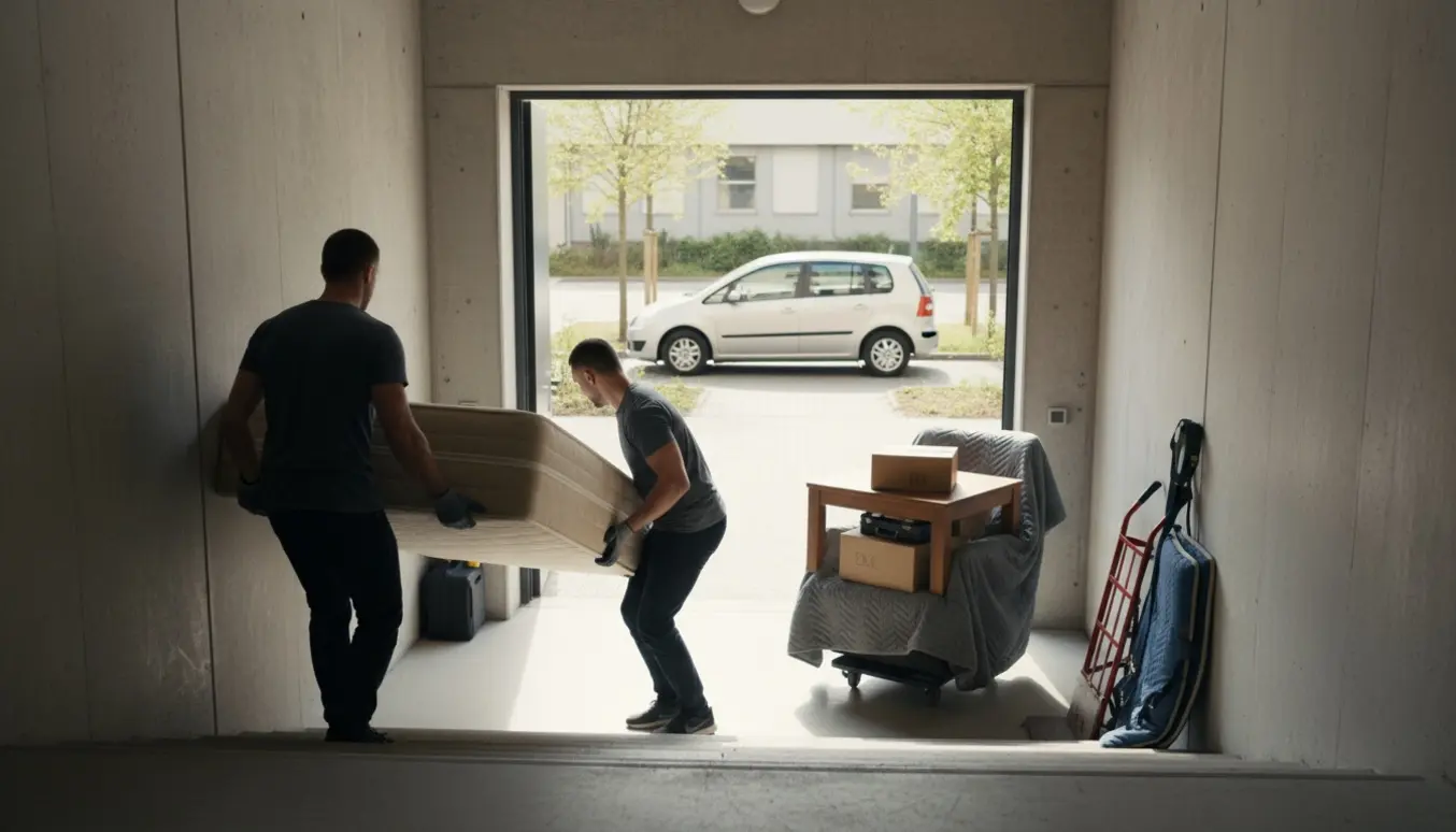 Flyttere bærer en boxmadras (140 x 200), sammen med en indpakket lænestol og et sofabord gennem en opgang mod en parkeret varebil.