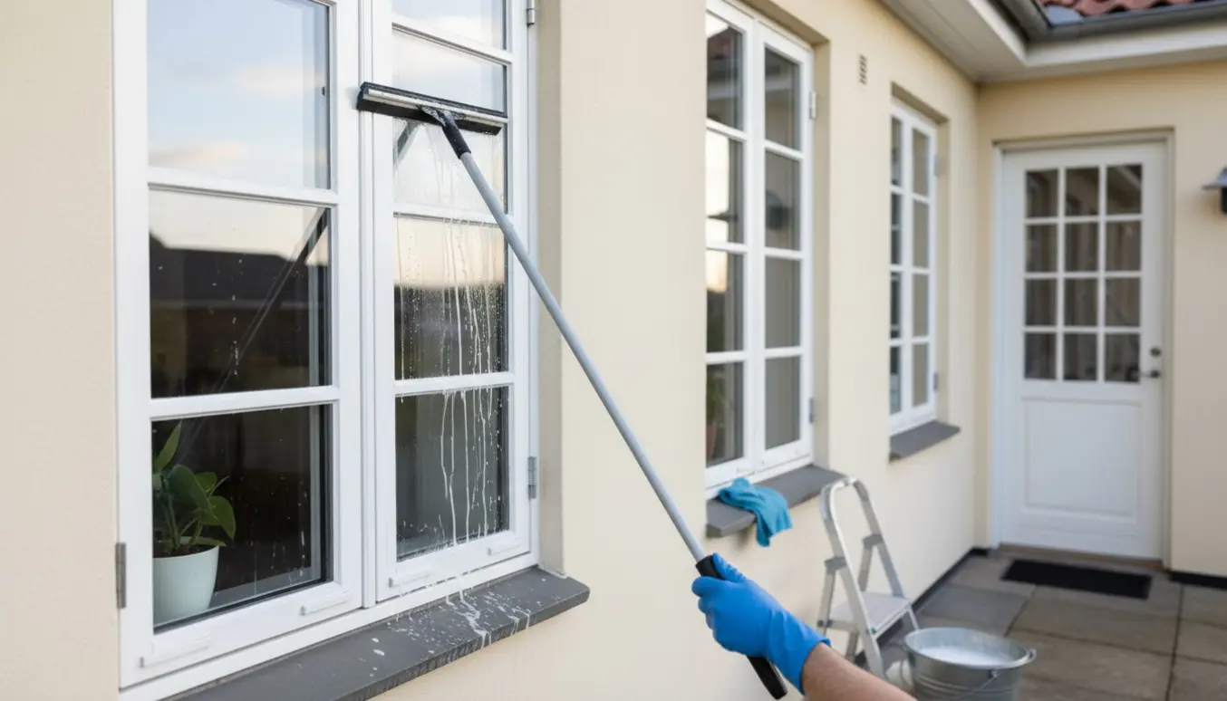 Facade med Dannebrog-vinduer, en terrassedør og hoveddør med sprosser under vinduespudsning.